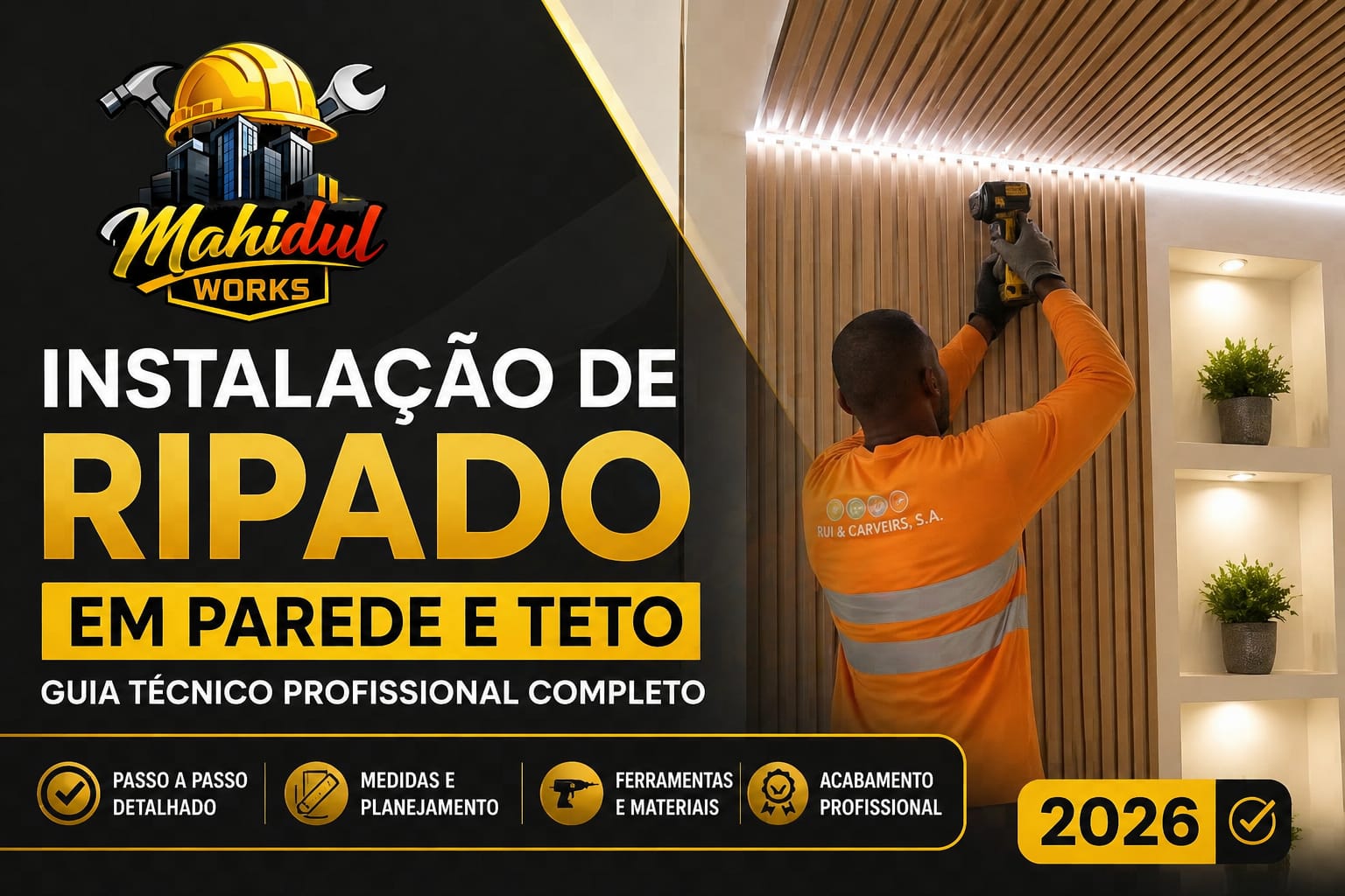 Introdução
O ripado (ripado decorativo ou painel ripado) tornou‑se uma das soluções mais valorizadas no design de interiores moderno. Além de proporcionar estética premium, ele melhora a acústica, permite integração de iluminação LED, oculta imperfeições e cria ambientes sofisticados tanto em residências quanto em espaços comerciais.

Para garantir durabilidade, segurança e acabamento perfeito, a instalação deve seguir normas técnicas rigorosas. Este guia foi desenvolvido para profissionais, arquitetos, técnicos de obra e clientes que procuram compreender o processo completo de instalação de ripado em parede e teto — desde a medição até a fixação final.


1. O que é Ripado? (Definição Técnica)

O ripado é composto por lâminas verticais ou horizontais instaladas com espaçamento regular, criando um efeito tridimensional contínuo. Os materiais mais utilizados incluem:

- Madeira natural (carvalho, pinho, nogueira)  
- MDF folheado  
- WPC (Wood Plastic Composite)  
- Compósito co‑extrudado  
- PVC de alta densidade  

Funções principais do ripado
- Estética moderna e minimalista  
- Absorção acústica (quando combinado com feltro)  
- Integração de iluminação LED  
- Ocultação de cabos, tubagens e imperfeições  
- Valorização do imóvel  



2. Planeamento Técnico e Medições

A instalação profissional começa com um planeamento rigoroso. Qualquer erro nesta fase compromete alinhamento, estética e durabilidade.

2.1 Medição da Parede
- Altura total (ponto mais alto ao mais baixo)  
- Largura total  
- Verificação de prumos e empenos  
- Identificação de tomadas, interruptores e caixas técnicas  

2.2 Medição do Teto
- Comprimento e largura  
- Verificação de nível com laser  
- Identificação de vigas, perfis metálicos e pontos de iluminação  

2.3 Cálculo das Ripas
Para calcular a quantidade de ripas:

\[
\text{Quantidade} = \frac{\text{Largura total}}{\text{Largura da ripa + espaçamento}}
\]

Adicionar sempre 10% extra para cortes e ajustes.

2.4 Aclimatação do Material
Especialmente importante para madeira, MDF e WPC:

- Deixar o material no ambiente por 24–48 horas  
- Evitar instalação em ambientes húmidos  
- Garantir temperatura estável  



3. Preparação da Superfície

3.1 Parede
- Verificar humidade  
- Corrigir irregularidades  
- Aplicar primário se necessário  
- Marcar linhas de referência com laser  

3.2 Teto
- Verificar estrutura existente  
- Identificar pontos de fixação  
- Confirmar altura mínima para instalação de iluminação embutida  


4. Estrutura (Subestrutura) – A Base da Instalação Profissional

A estrutura é o elemento mais importante para garantir durabilidade e alinhamento perfeito.

4.1 Estrutura para Parede
Quando a parede não está nivelada:

- Utilizar ripas de madeira 40–50 mm  
- Fixar com parafusos e buchas  
- Espaçamento entre perfis: 60 cm  
- Aplicar lã de rocha para melhorar acústica  

4.2 Estrutura para Teto
Para teto, a estrutura deve ser ainda mais robusta:

- Perfis metálicos (steel frame)  
- Fixação direta às vigas  
- Espaçamento entre perfis: 60 cm  
- Prever passagem de cabos e fitas LED  

4.3 Vantagens da Subestrutura
- Maior durabilidade  
- Melhor acústica  
- Alinhamento perfeito  
- Permite instalação de iluminação  
- Oculta imperfeições  



5. Tipos de Fixação do Ripado

5.1 Fixação Direta com Parafusos
Ideal para MDF, madeira e compósito.

- Pré‑furação recomendada  
- Parafusos pretos ou inox  
- Fixação a cada 40–60 cm  

5.2 Fixação com Cola PU
Utilizada quando não se deseja perfuração visível.

- Cola PU de alta resistência  
- Aplicação em zigue‑zague  
- Pressão por 20–30 segundos  

5.3 Sistema Oculto (Macho/Fêmea)
Mais utilizado em WPC e compósitos.

- Encaixe perfeito  
- Sem parafusos visíveis  
- Instalação rápida e limpa  


6. Instalação Passo a Passo – Parede

Passo 1: Nivelamento
- Laser para garantir alinhamento vertical  
- Marcação da primeira ripa  

Passo 2: Instalação da Primeira Ripa
- A primeira ripa define todo o alinhamento  
- Deve estar 100% nivelada  

Passo 3: Espaçamento
- Espaçamento padrão: 10–15 mm  
- Utilizar calços para manter uniformidade  

Passo 4: Fixação
- Parafusos ou cola PU  
- Verificar prumo a cada 3–4 ripas  

Passo 5: Acabamento
- Corte final com serra de precisão  
- Aplicação de tapa‑furos se necessário  


7. Instalação Passo a Passo – Teto

Passo 1: Estrutura Metálica
- Perfis fixados às vigas  
- Nivelamento com laser  

Passo 2: Planeamento da Iluminação
- Fitas LED  
- Spots embutidos  
- Cabos ocultos  

Passo 3: Fixação das Ripas
- Começar pela parede principal  
- Encaixe contínuo  
- Verificação constante de alinhamento  

Passo 4: Acabamento
- Corte preciso nas extremidades  
- Instalação de perfis de remate  


8. Acústica Profissional com Ripado

Para obter desempenho acústico superior:

- Feltro acústico 9–12 mm  
- Lã de rocha 40–60 mm  
- Ripas com espaçamento regular  

Benefícios:

- Redução de eco  
- Absorção de frequências médias e altas  
- Conforto acústico em salas, escritórios e lojas  


9. Integração de Iluminação LED

O ripado permite criar efeitos luminosos modernos:

- LED linear entre ripas  
- LED embutido na estrutura  
- Spots direcionáveis  
- Iluminação RGB para ambientes comerciais  


10. Manutenção e Durabilidade

Madeira
- Aplicar óleo protetor  
- Evitar humidade excessiva  

MDF
- Limpeza com pano seco  
- Evitar água direta  

WPC/Compósito
- Alta resistência  
- Limpeza simples com pano húmido  


Conclusão
A instalação de ripado em parede e teto exige conhecimento técnico, precisão e materiais adequados. Quando executado corretamente, o resultado é um ambiente moderno, elegante e extremamente valorizado. Este guia oferece todas as bases técnicas para uma instalação profissional, garantindo durabilidade, estética e desempenho acústico superior.